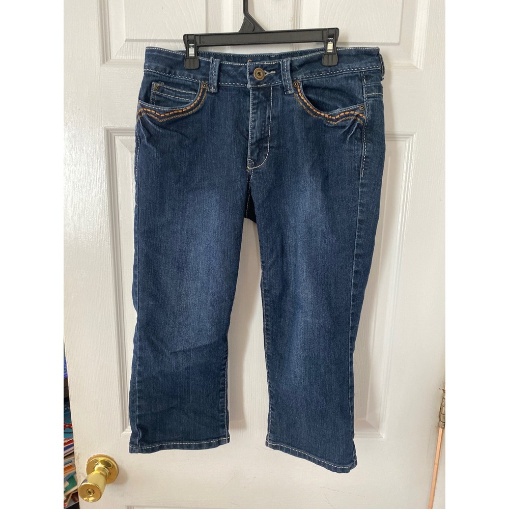 Dark Wash Butterfly Embroidered Capri Jeans Blue Denim Cropped Pants 14